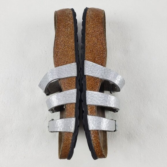 Birkis Birkenstock Metallic Sandals Silver Womens 4-4.5 35 Leather Strappy Slide - Picture 6 of 11